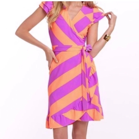 LILY PULITZER Adriel Ruffle Striped Flutter Sleeve Wrap Dress Purple & Orange - Picture 1 of 9